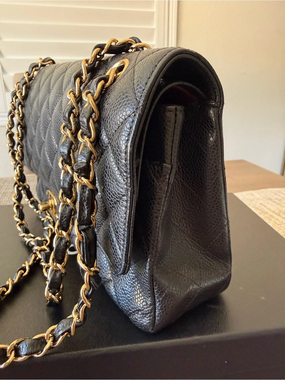 CHANEL Black Quilted Medium Caviar Shoulder Bag with Gold CC Hardware